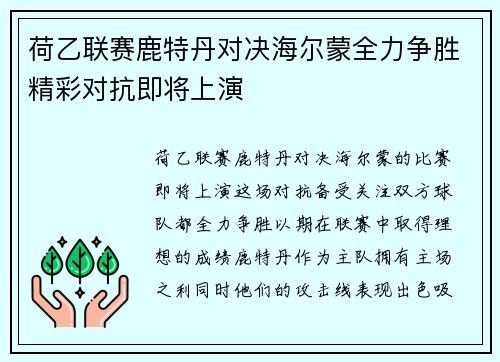 荷乙联赛鹿特丹对决海尔蒙全力争胜精彩对抗即将上演